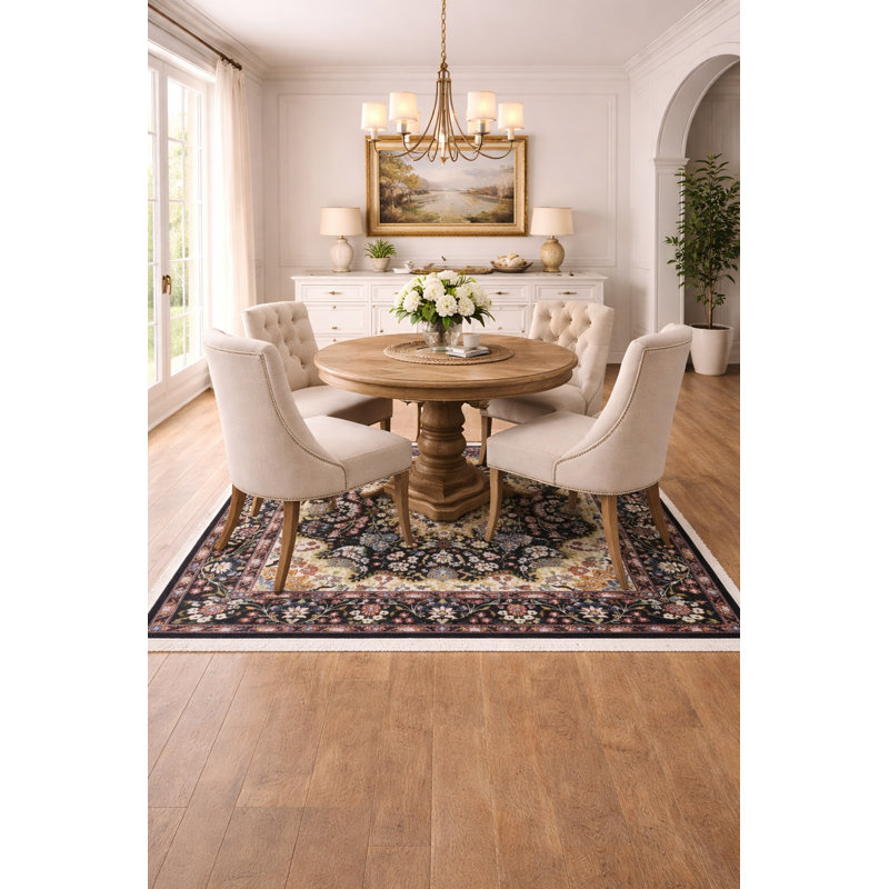 Tapis oriental noir classique à motif floral Kirman, Carré 4 pi 10 po x 5 pi