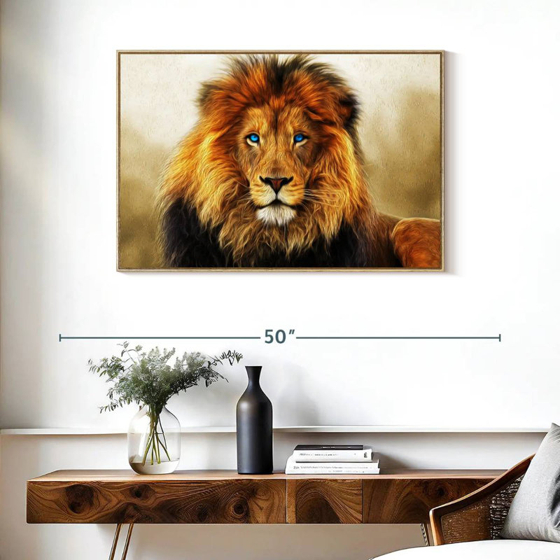 Lion aux yeux bleus, Cadre flottant en bois naturel, 37 po x 25 po