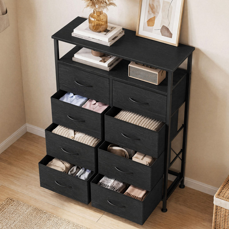 Fabric Dresser for Bedroom with Open Shelves, Tall Dresser with 8 Drawers, Storage Tower, Chest of Drawers for Closet