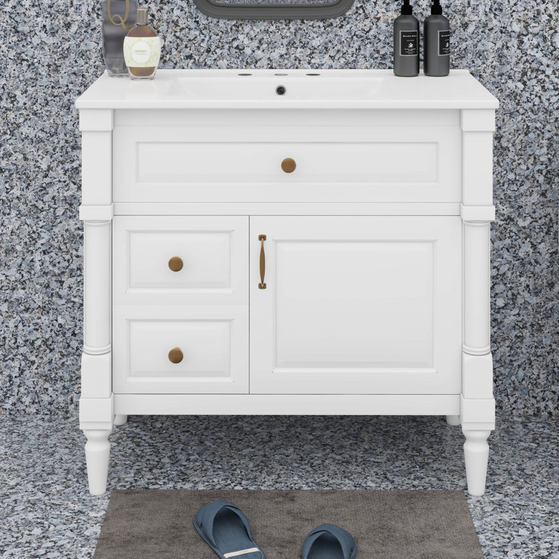Meuble-lavabo 36 po avec lavabo en céramique, 2 tiroirs et rangement à porte rabattable, tablette réglable, Blanc