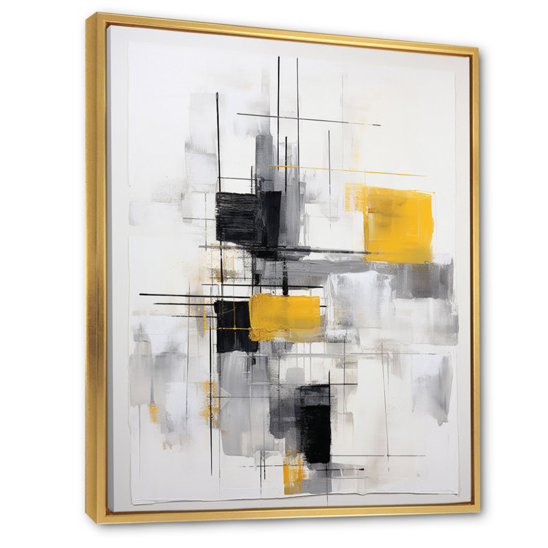 «Freedia» gris jaune, minimalisme pureté de la forme II sur toile, H 20 po x l 12 po x P 1 po, Cadre flottant doré