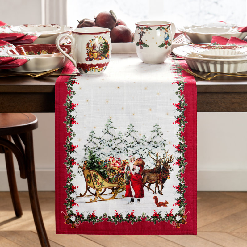 Festive Winter Red and White Polyester Table Runner, 13" x 70"