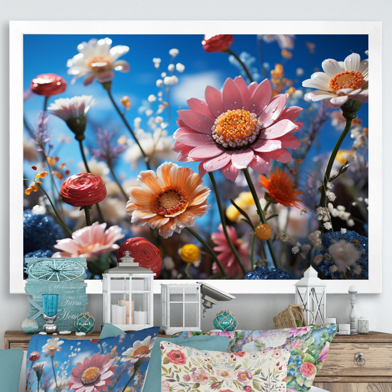 «Atzel Whimsical Wildflowers in Blue Sky», reproduction, H 24 po x l 32 po x P 1 po, Cadre simple blanc