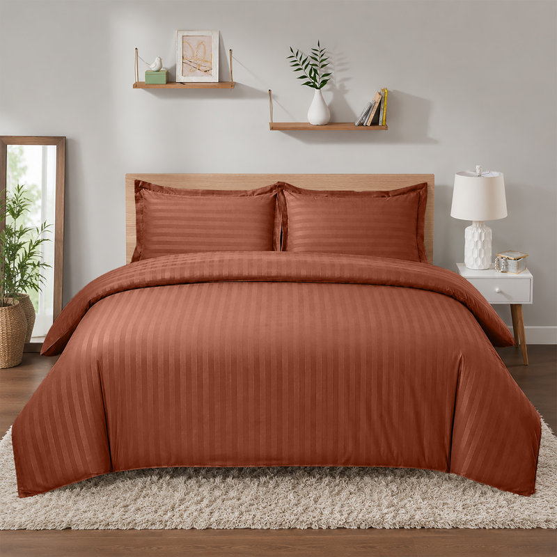 Imperial Homeware London Microfiber Striped Duvet Cover Set with Pillowcases Included, Rust