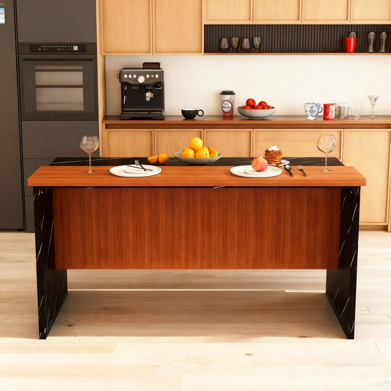63" Modern Kitchen Dining Table With LED Lights, Kitchen Console Table For 2-6 People, Walnut/Black