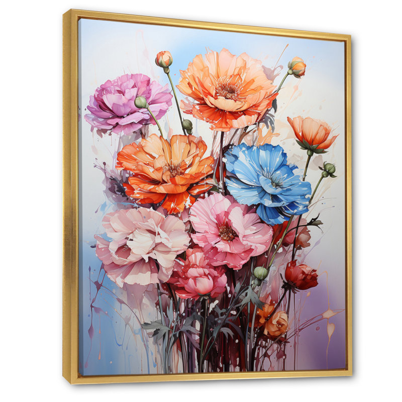 Représentation des œillets, acrylique multicolore II - impression, H 32 po x l 16 po x P 1 po, Cadre flottant doré