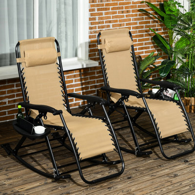 Fauteuil à bascule pliable pour l'extérieur, 2 pièces, fauteuil inclinable Zero Gravity avec coussin, porte-gobelet et téléphone, beige, extérieur en acier fabriqué à partir de 2, cadre, aucun assemblage requis pour plus de commodité