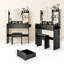 Meuble-lavabo rond 17 po à DEL avec tabouret, prise de courant 2AC + 2USB, luminosité réglable de 3 couleurs et grand rangement