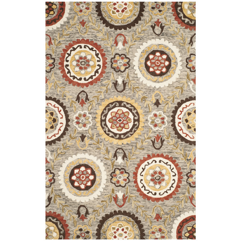 Tomo Hand Hooked Wool Floral Rug, Rectangle 5' x 8'
