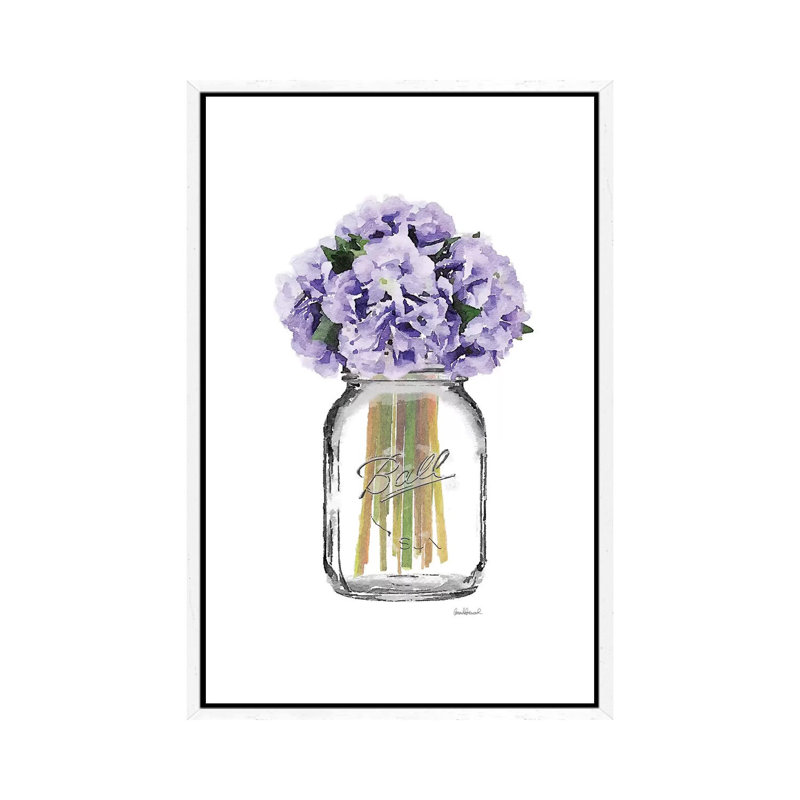 Glass Jar With Purple Hydrangeas by Amanda Greenwood - Painting on Canvas, 66.04 cm H x 45.72 cm W, White Framed Canvas