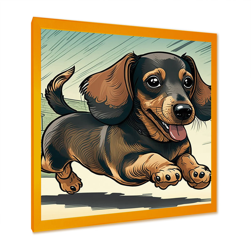 Caricature de teckel ludique - reproduction sur toile, L 16 po x H 16 po, Impression dorée sur toile encadrée