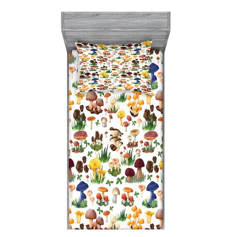 Twin Organic White Microfiber Mushroom Print Bedding Set