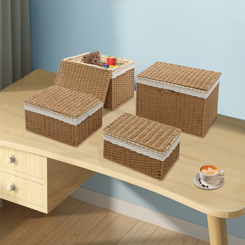 Rustic 4-Piece Paper Rope Woven Storage Basket Set with Lids - Stackable Faux Rattan Organizer Bins for Shelves, Closet, Bedroom, and Nursery - Natural Light Brown