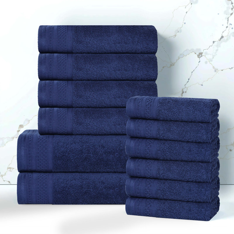 Josann 12 Piece 100% Cotton Honeycomb Jacquard & Solid Bath Towel Set, Navy Peony