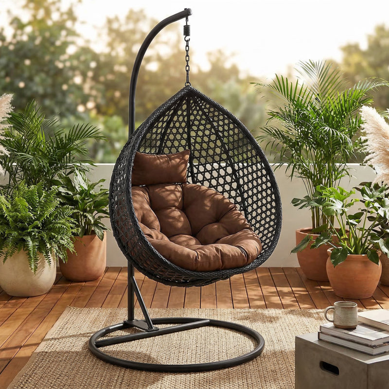 Fauteuil à œufs en osier avec support en C et support en C Chaviano Modern, Noir