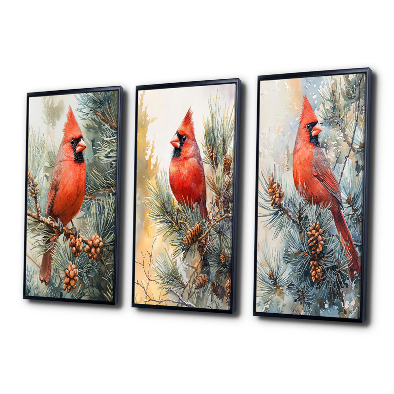 Oiseau cardinal parmi les pins I - Collection moderne de reproductions sur toile, Noir, H 32 po x l 48 po