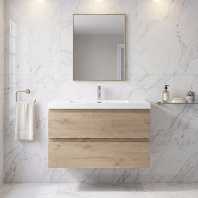 Meuble-lavabo mural en mélamine de bois naturel de 91 cm (36 po) avec lavabo intégré en résine et tiroirs à fermeture amortie, entièrement assemblé.