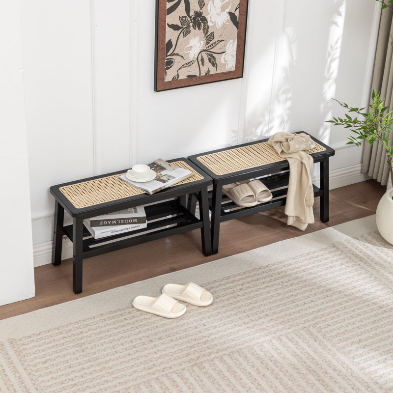 Banc de rangement en bois massif Charla, Noir