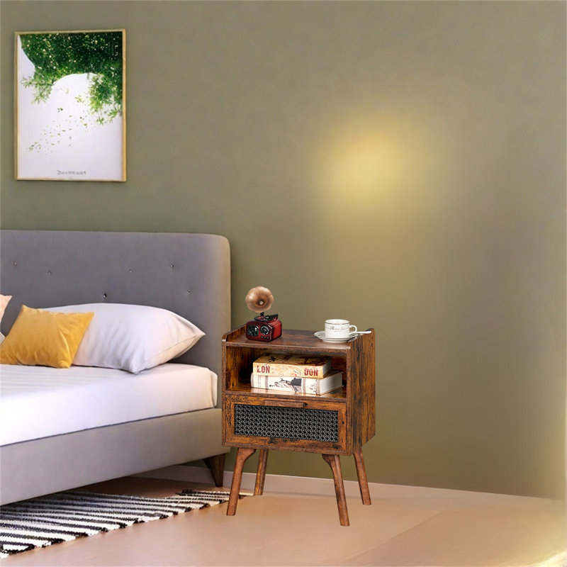 Table de chevet en rotin avec tiroir et tablette ouverte - Table d'appoint Boho Chic avec pieds en bois massif, Brun