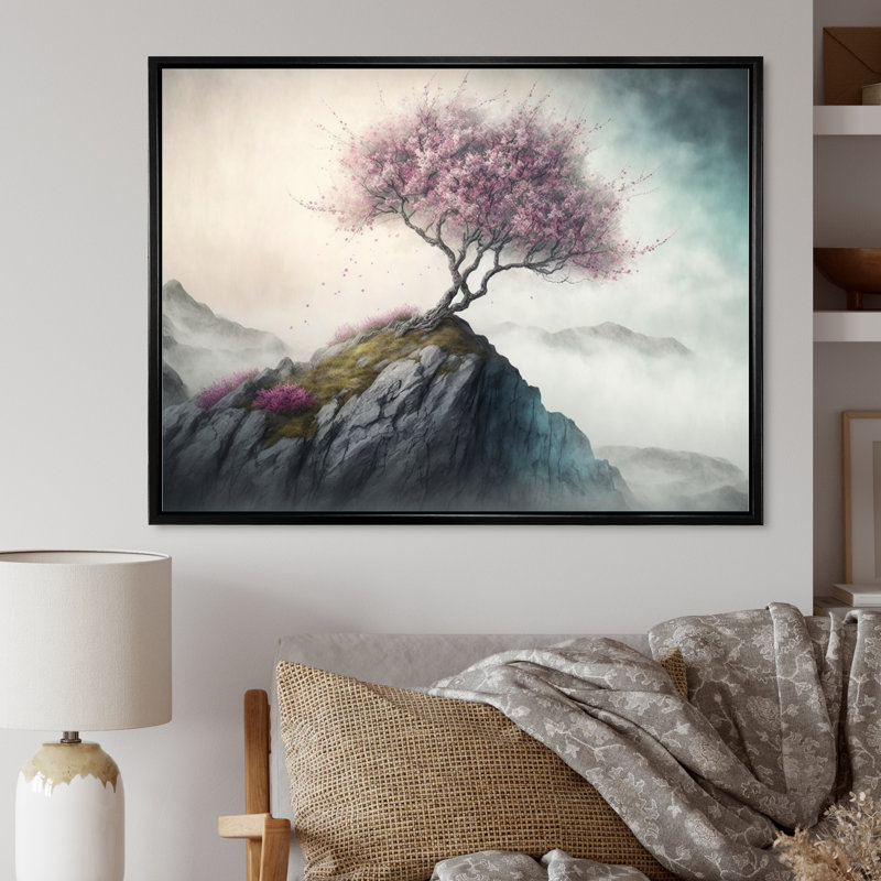 Mountain Top Cherry Blossom V - Art mural moderne sur toile, L 32 po x H 16 po, Cadre photo noir