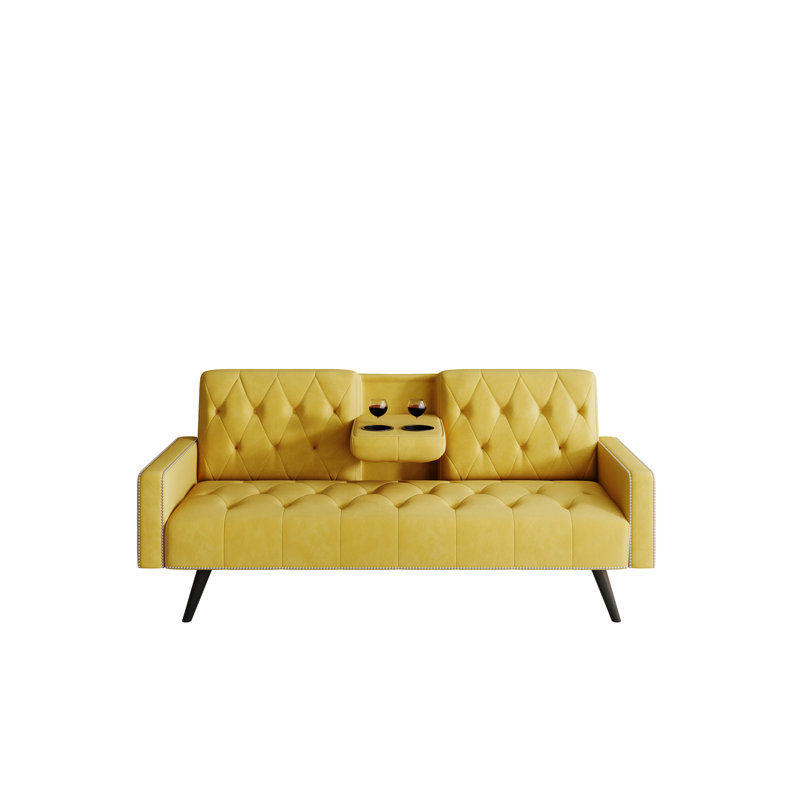 Canapé-lit compact avec accoudoirs à garniture cloutée et porte-gobelets doubles - parfait pour les petits espaces d'une longueur de 72 pouces