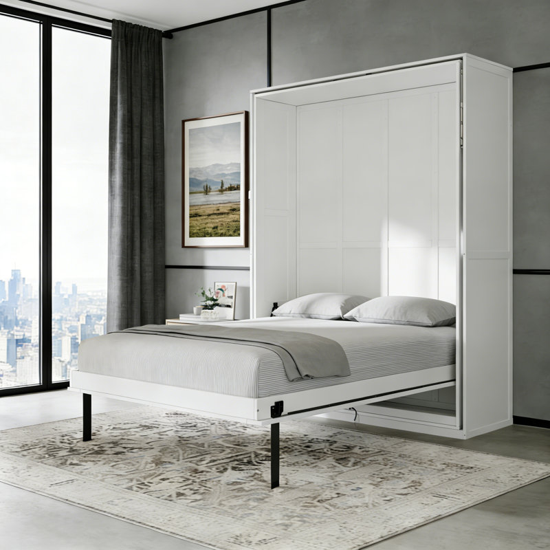 Grand lit escamotable avec tablettes de rangement rotatives, Blanc