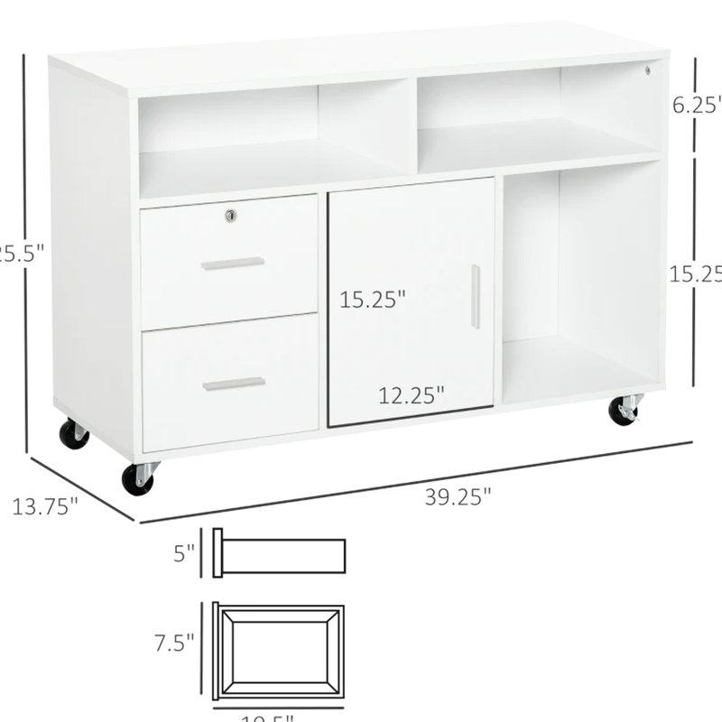 Armoire de rangement de bureau et de cuisine avec design nordique - 3 tablettes, 2 tiroirs, armoire, freins verrouillables, roulement doux, L 39,25 po x l 13,75 po x H 25,5 po, grande capacité pour 4 panneaux de particules blancs,