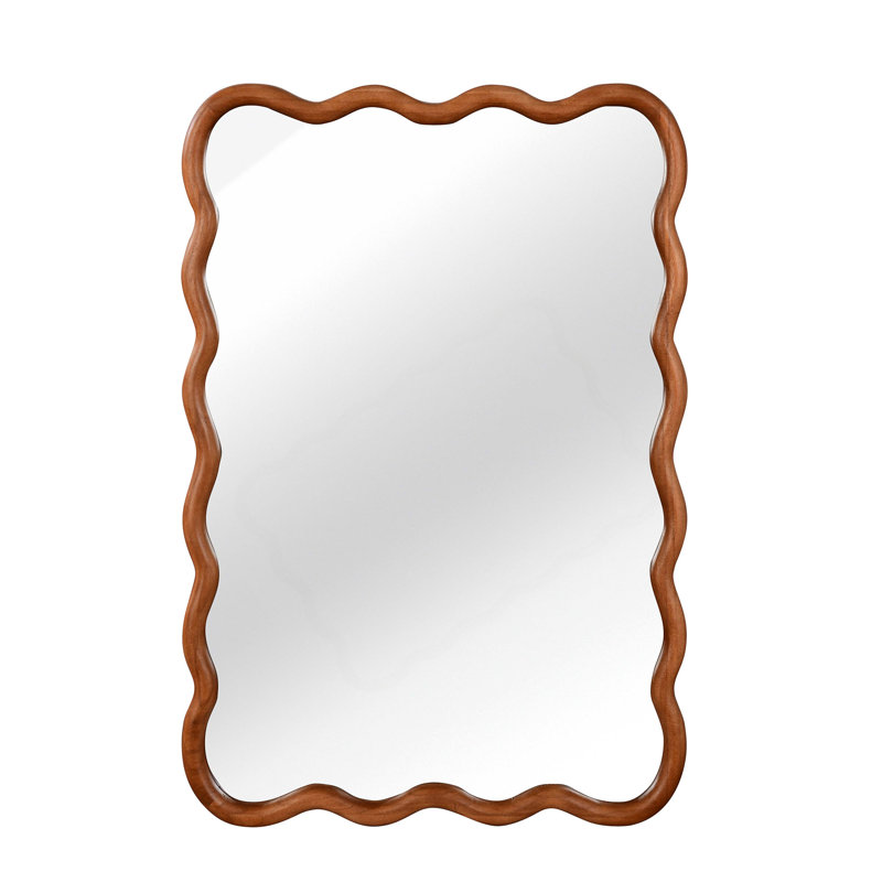 Wavy Rectangle Solid Wood Frame Decorative Mirror，,For Bedroom, Bathroom, Living Room,, 36" x 24", Brown