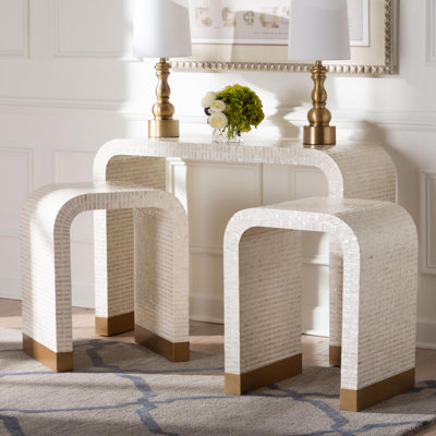 Ensemble de 3 tables d'appoint en nacre de Capiz à motif de côtes beige et blanc Konata Bali & Pari Carlyn
