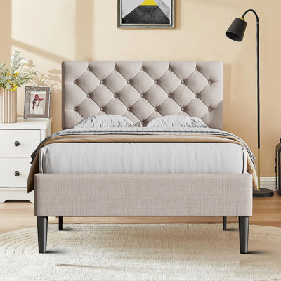 Modern Linen Fabric Upholstered Platform Bed - Twin Size -  DNUJELOOP, LEROYPERRYM-WF302188AAA