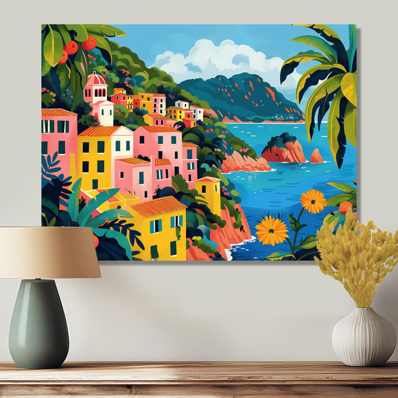 Décoration murale rose, vert, riviera italienne, Italie, Sans cadre en métal, H 24 po x l 32 po