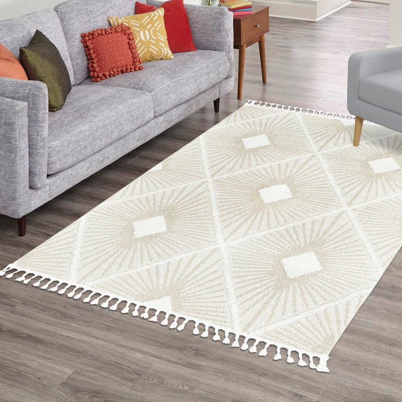 Tapis en polyester tissé à la machine ivoire / blanc Longmeadow, Rectangle 2 pi x 3 pi 1 po