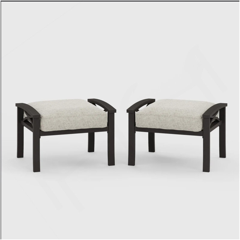 Set Of 2 All-Weather 26” Width Metal Ottomans, Black Frame With Cushions, Khaki