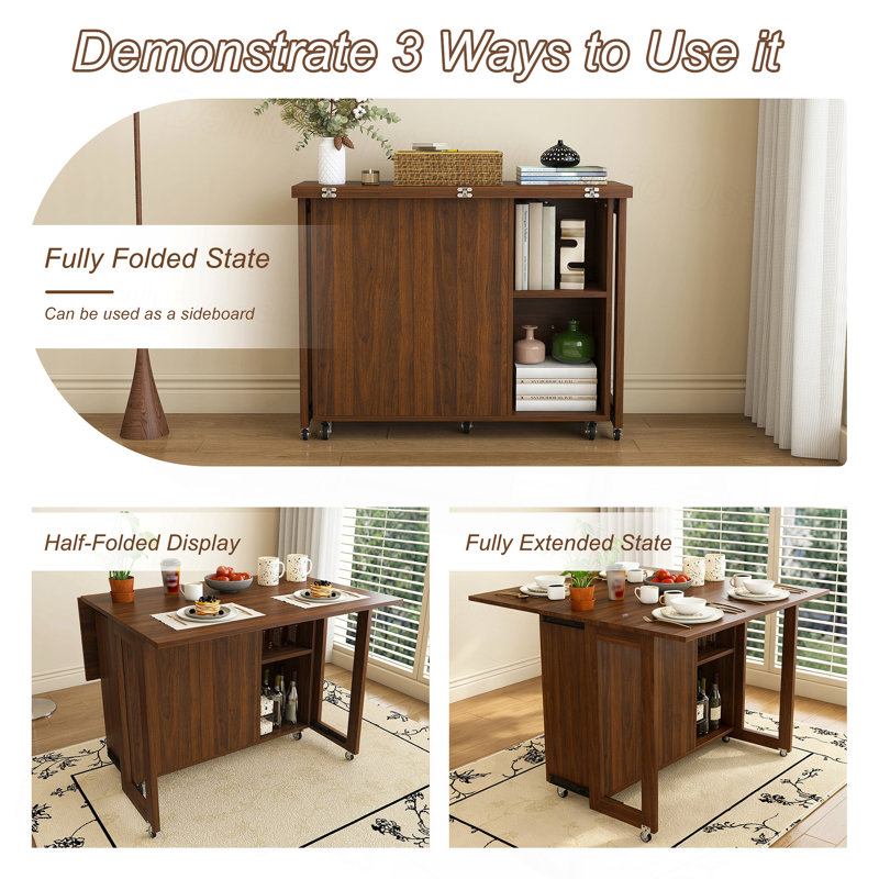Table d'appoint 3 en 1 avec 4 grandes étagères de rangement, table à manger pliable de 104 cm, table d'appoint multifonctionnelle, idéale pour la cuisine, une chambre d'étudiant ou un appartement.