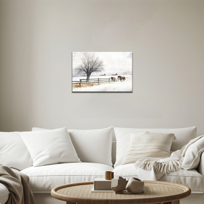 Grande scène hivernale sur toile - peinture de paysage de neige de grange de Noël, reproductions de photos de chevaux de ferme, affiche de vacances rustique pour le salon, la cuisine de chambre à coucher, œuvre d'art murale, prête à être suspendue, 24 po x 36 po