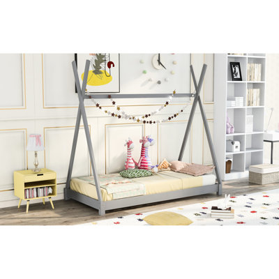 Gray Twin Size Platform Bed With Triangle Construction - Crafted From Strong Pine Wood And Provides For Simple Assembly Process House Bed, Built Ensures ' Well-being Easy Guide