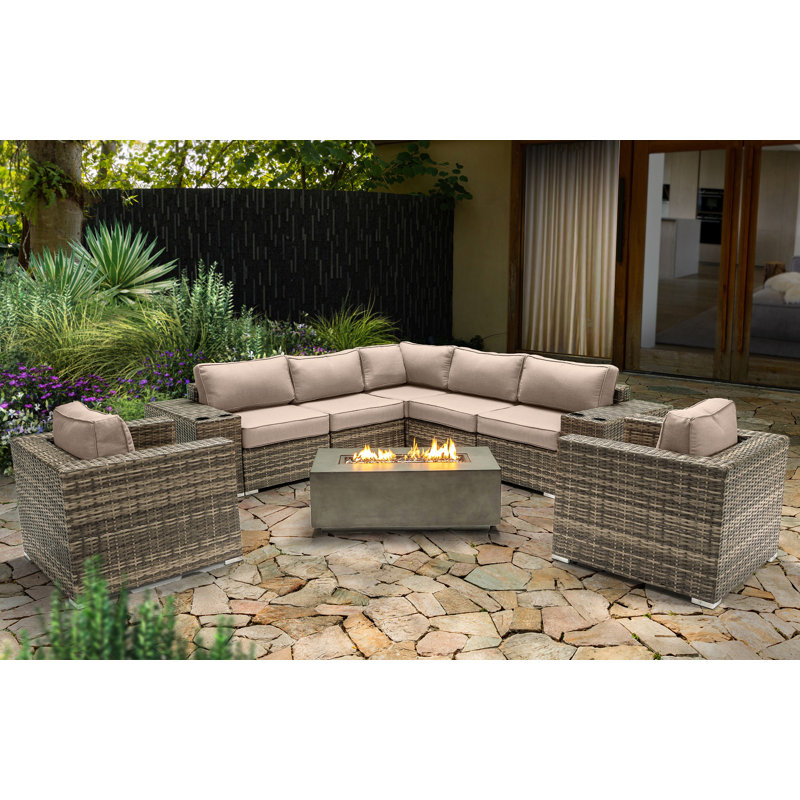 Lsi Fully Assembled 6 Person Seating Group With  Sunbrella Cushions And Concrete Firepit, Sunbrella Beige