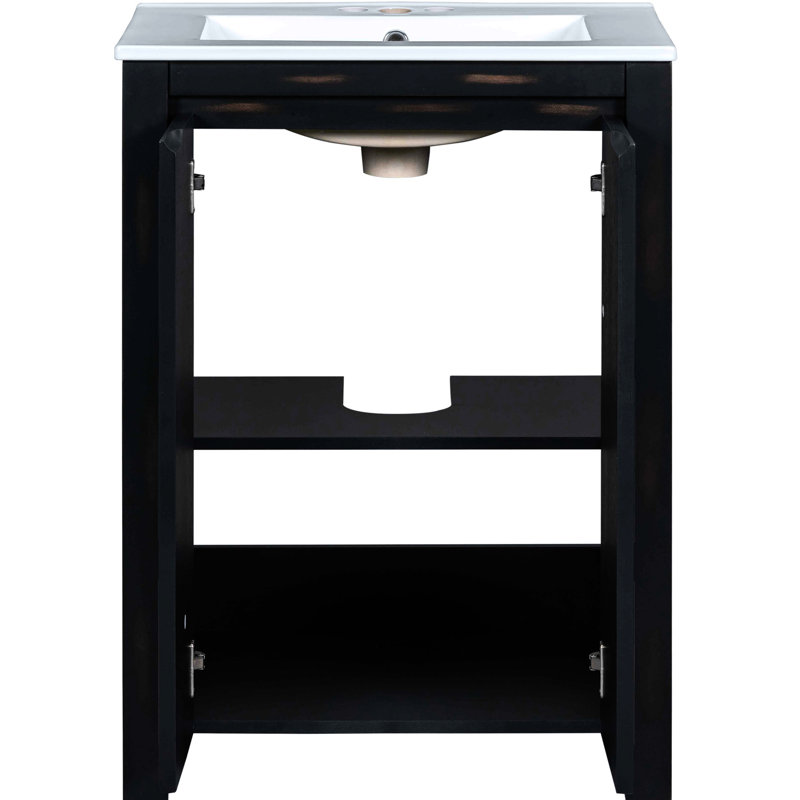 Meuble-lavabo vintage de 24 po avec lavabo en céramique. Bois massif et fabrication. Finition. Portes silencieuses à fermeture en douceur. Tablette de rangement réglable. Lavabo 24 po x 18,3 po x 33,8 po. Couleur. Grand espace de rangement.