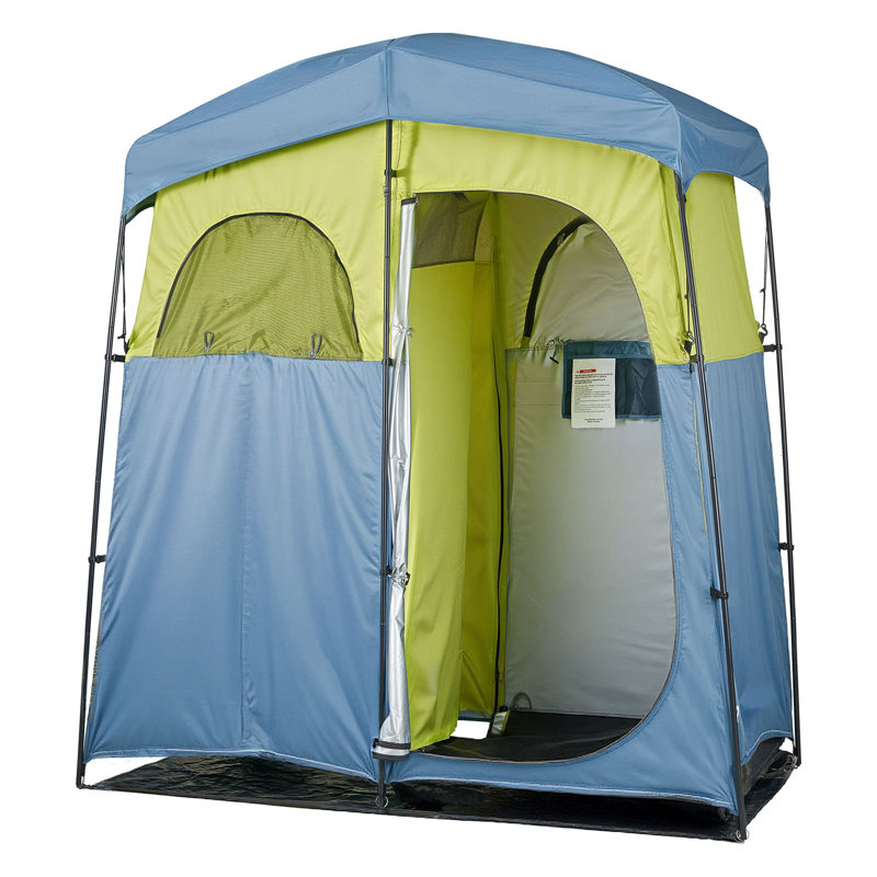 Tente de camping, vestiaire d'intimité portable 2 pièces avec sac de douche, piquets, cordes, sac de transport et poteaux de soutien, tissu Oxford 150D avec revêtement argenté, pour le camping, la pêche