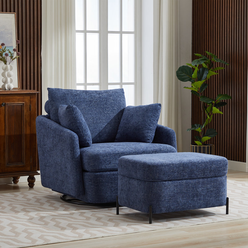 Chaise pivotante rembourrée avec repose-pieds avec rangement, Chenille bleue marine