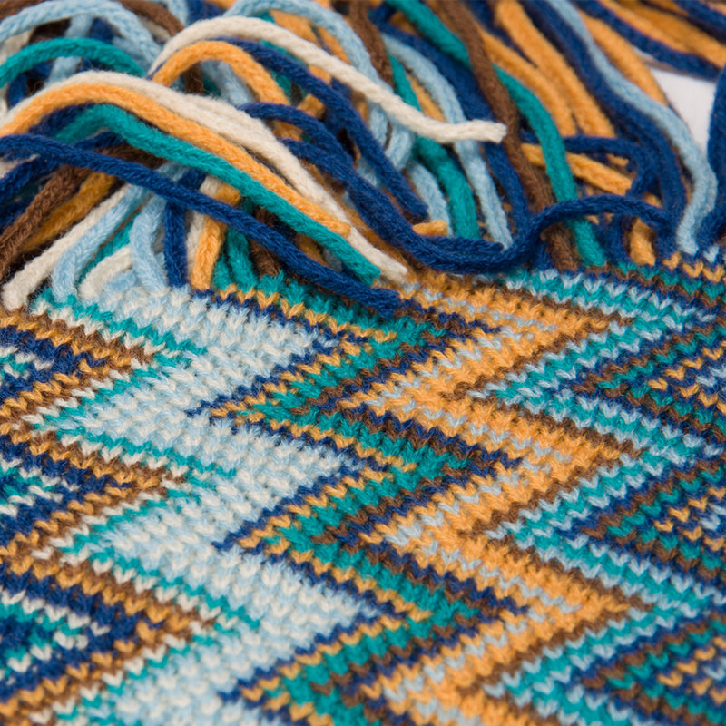 Boho Blue Chevron Knitted Throw Blanket with Tassels, 50"x60"