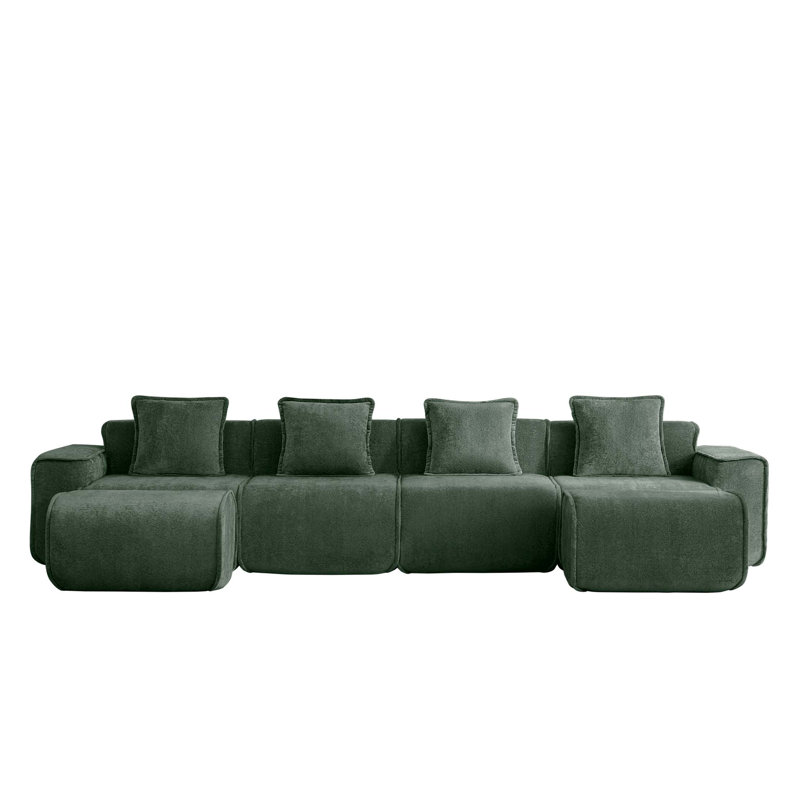 Canapé modulaire en U à 4 places avec passepoil à bordure française, sans assemblage requis, canapé à 4 places avec coussins décoratifs et 2 repose-pieds mobiles, tissu de velours