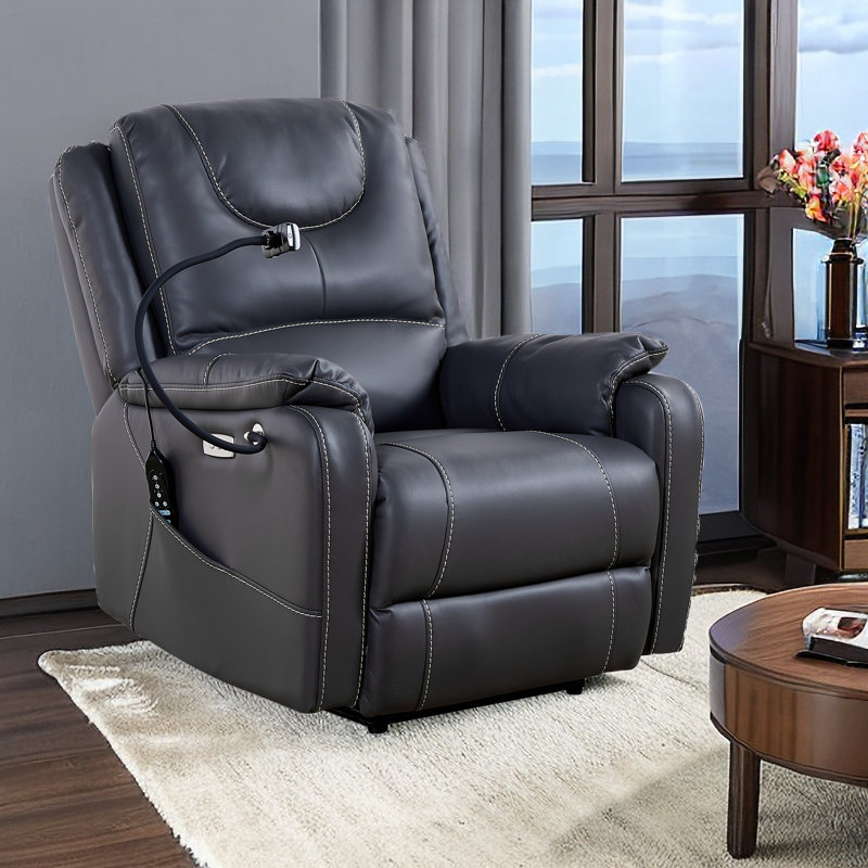 Fauteuil de massage chauffant en cuir véritable, Cuir véritable gris