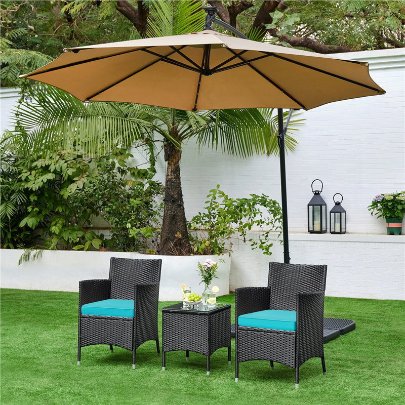 2-Person Rattan Furniture Set with Tempered-glass Top Table and 2 Cushioned Chairs, Black, Cyan