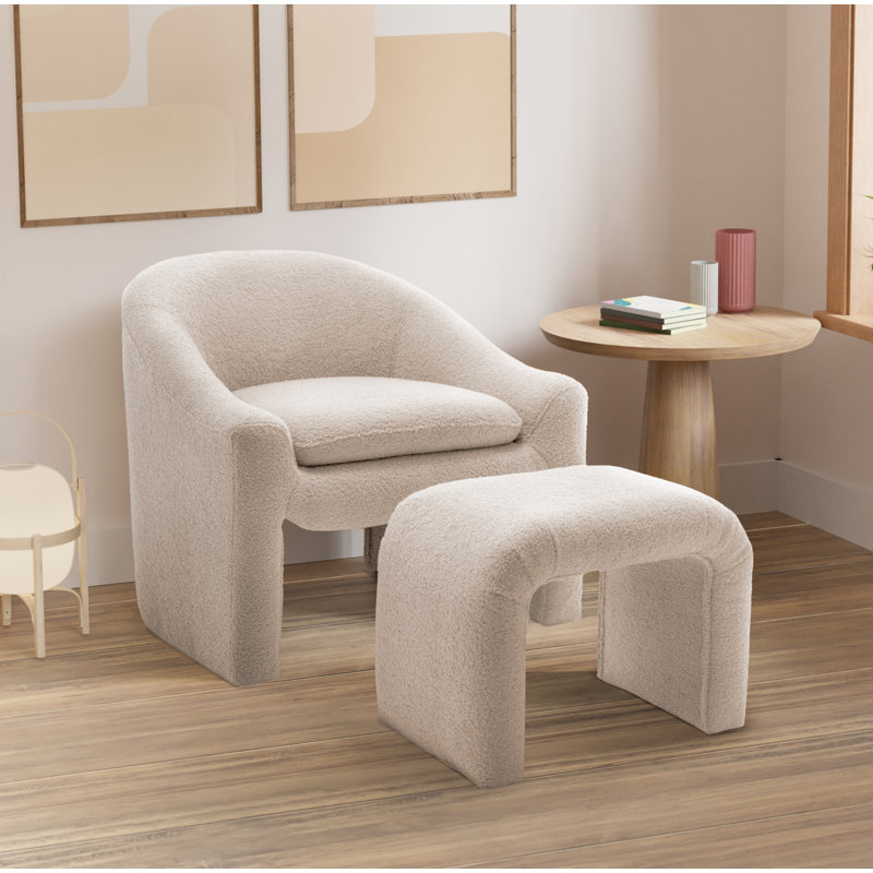Ceard Upholstered Boucle Barrel Chair With Footstool, White