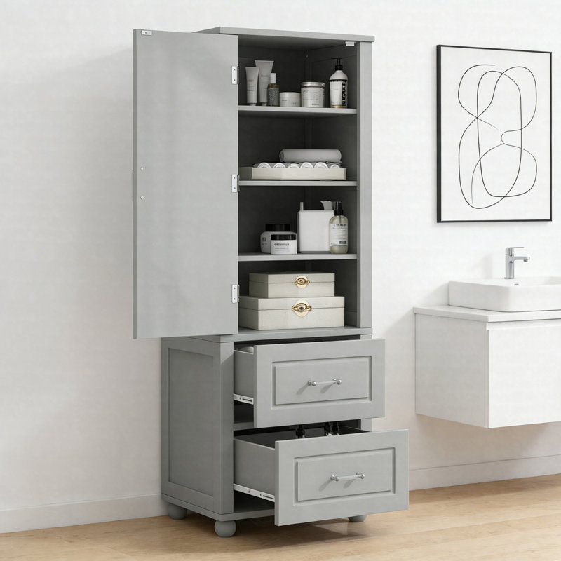 Grande armoire de rangement pour salle de bain avec deux tiroirs et tablette réglable, panneau de fibres à densité moyenne avec finition peinte pour les maisons modernes