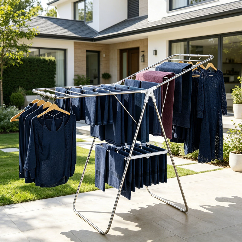 Séchoir à linge pliable à hauteur ajustable, conception en acier inoxydable pour l'intérieur et l'extérieur, blanc, White