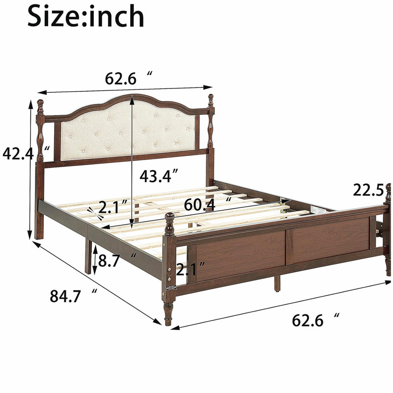 Lit en bois de pin grand avec tête de lit rembourrée et pieds de lit à panneau, avec deux pieds de support de traverse de lit et un pied de support de plateforme