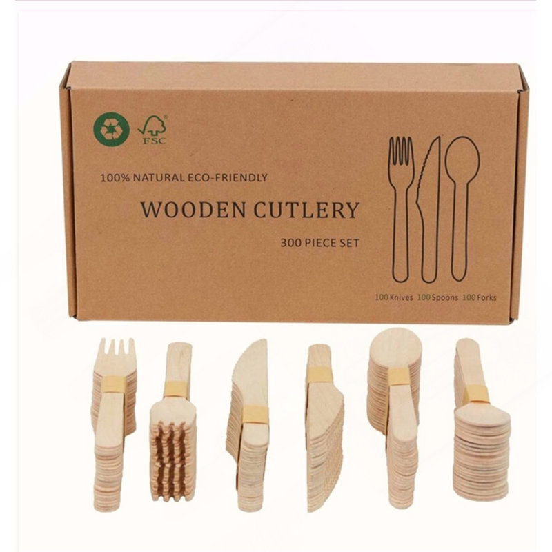 Ensemble d'ustensiles en bois compostables - 300 pièces (100 fourchettes, 100 cuillères, 100 couteaux)