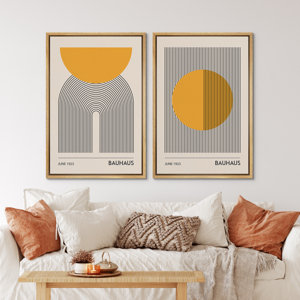 Mid Century Modern Boho Bauhaus Solar Sun Abstract Art Decor Framed On Canvas 2 Pieces Print